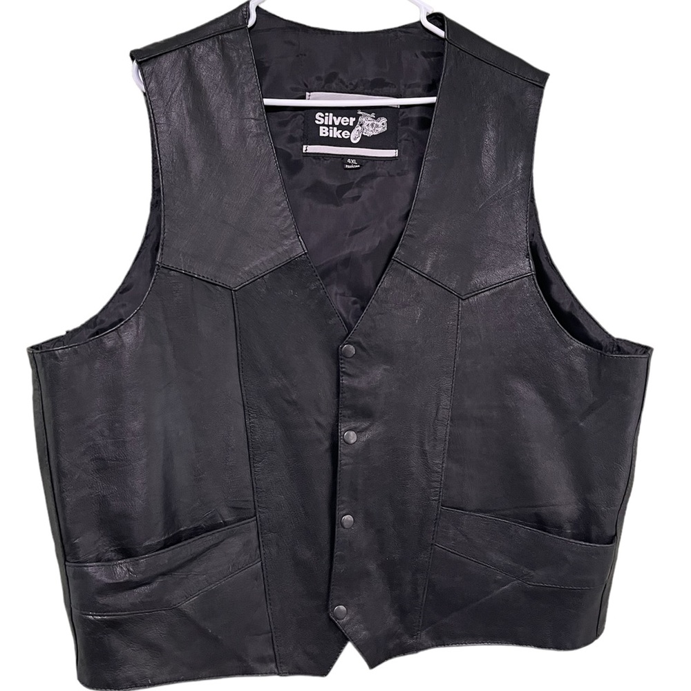 Silver Bike Black Leather Vest with Pockets Size 4XL